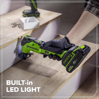 GREENWORKS 24V (6-TOOL) Combo (Drill, Impact Driver, Circular Saw, Reciprocating Saw, Multi-Tool, Flashlight), 4.0Ah + 2.0Ah (24,000mAh Power Bank) Batteries, (2) Cables, 65W Rapid Charger