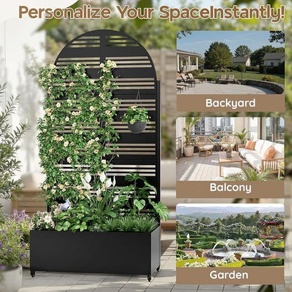 Metal Raised Garden Bed with Trellis & Wheels,72" x 35"x 15.7" Planter Box with Trellis,Privacy Planters for Patio,Garden Bed for Climbing Plants,Suitable for Climbing Plants and Vegetables,Black