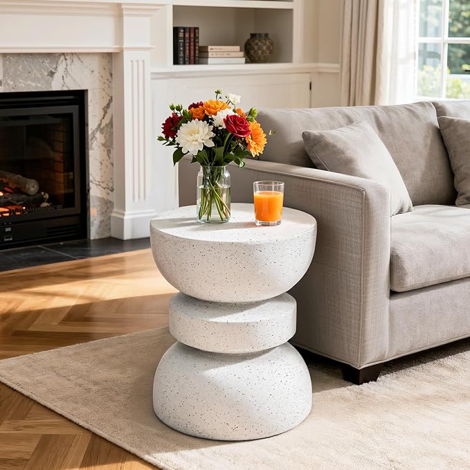 18" Outdoor Side Table, Modern Hourglass Garden Stool in Painted Faux Terrazzo-Look, Patio Coffee Accent Table Decorative, Durable Weatherproof MGO & Easy Assembly Round Table for Room Porch