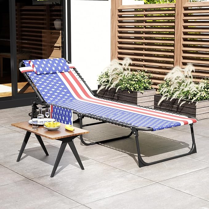 EBE Outdoor Lounge Chair, Portable Chaise Lounge Chair, Folding Sun Tanning Chairs with Detachable Pillow and Side Pocket, Reclining Chairs for Pool Beach Sunbathing, Tricolor Stripe