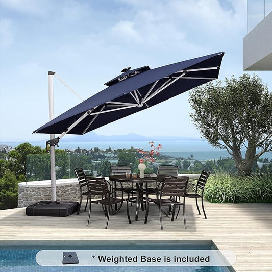 PURPLE LEAF 11 Feet Solar Powered LED Square Cantilever Umbrella With Base Patio Umbrellas Windproof Hanging Umbrella Outdoor Offset Umbrellas, Navy Blue