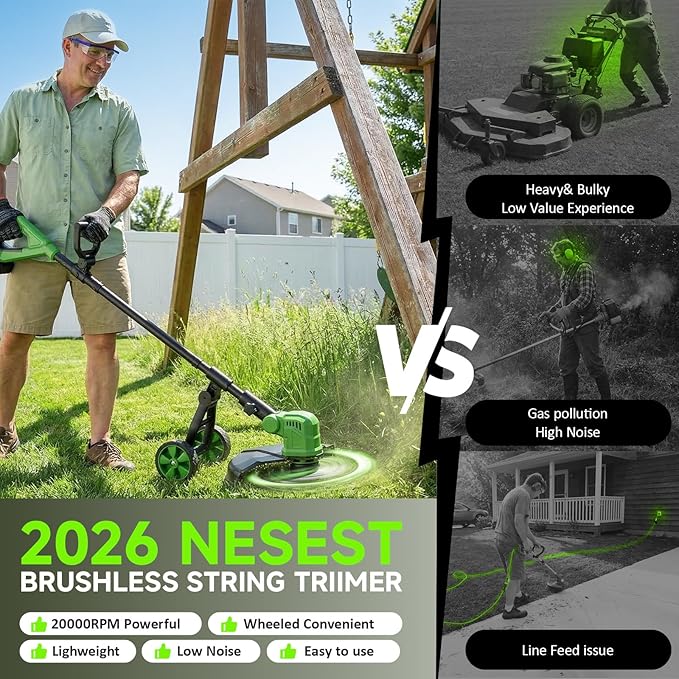 14'' Electric Weed Wacker Cordless, 20000RPM Wheeled String Trimmer Weed Eater Battery Powered, 3 in 1 Lightweight Cordless Edger Grass Trimmer Weed Trimmer with 8 Replacement Spools for Garden, Lawn