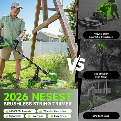 14'' Electric Weed Wacker Cordless, 20000RPM Wheeled String Trimmer Weed Eater Battery Powered, 3 in 1 Lightweight Cordless Edger Grass Trimmer Weed Trimmer with 8 Replacement Spools for Garden, Lawn