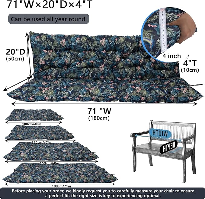 Outdoor Swing Cushions 3 Seater Waterproof, Replacement Bench Cushions for Outdoor Patio Furniture with Backrest, Porch Swing Cushion with Ties for Lawn and Garden (Hummingbird, 40x71in)