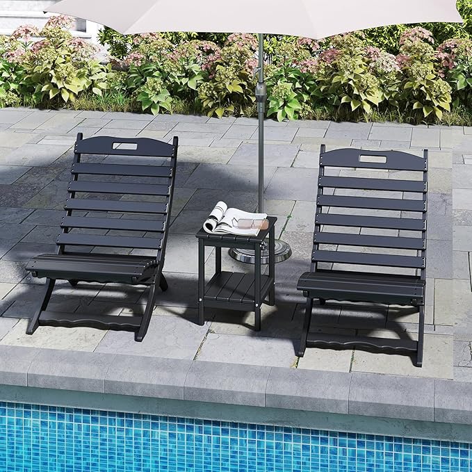 GREENVINES 3 Pieces Patio Furniture Set | Outdoor Bistro Sets for 2 | HDPE Plastic | Folding-Adirondack-Chairs-with-Side-Table | All Weather | Xavier Chair | for Porch Deck Poolside Backyard | Black