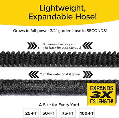 Pocket Hose Silver Bullet 100 ft Turbo Shot Nozzle Multiple Spray Patterns Expandable Garden Hose 3/4 in Solid Aluminum Fittings Lead-Free Lightweight and No-Kink, Black