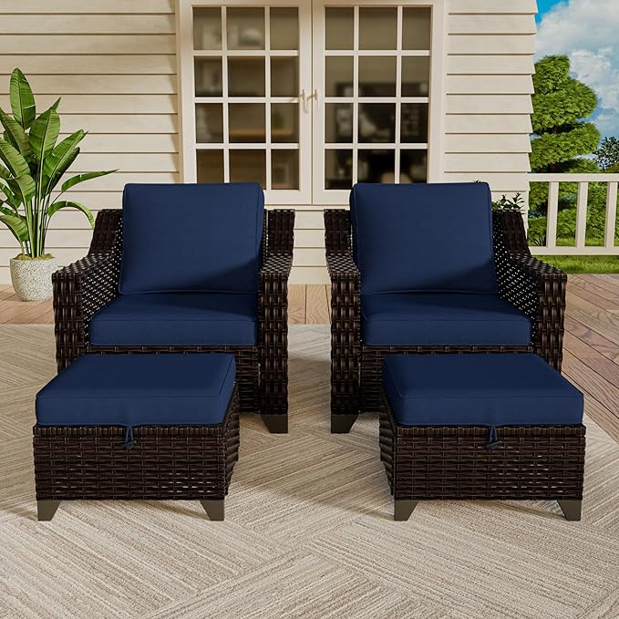 VistaVibe 4 Pieces Outdoor Patio Conversation Furniture Set - 2 Luxurious Armchairs | 2 Wicker Ottomans, Removable Cushions, Hand-Woven PE Rattan, Office, Porch (Brown/Navy)