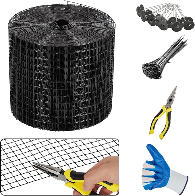 6in x 50ft Solar Panel Bird Guard & Critter Guard Mesh Kit, PVC Coated Wire Mesh Bird Wire with 60 Clips, 100 Cable Ties, Gloves, Pliers, DIY Bird Netting Solar Panel Bird Mesh Barrier
