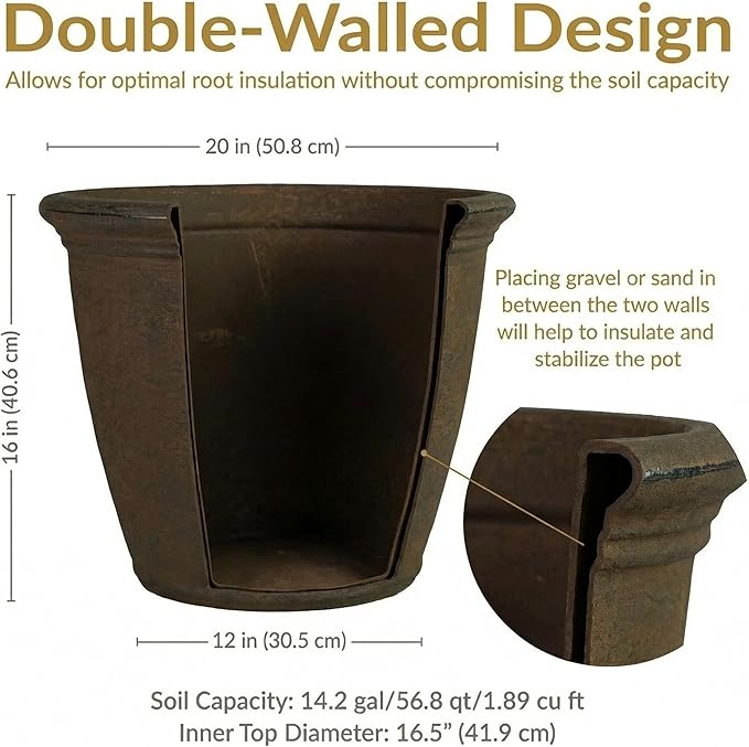 Sunnydaze 20-Inch Anjelica Large Plastic Pot for Plants - Outdoor Double-Walled Large Plastic Planter with Drillable Drainage Holes - Rust