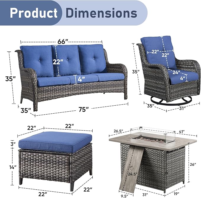Wicker Outdoor Conversation Se with 50,000 BTU Gas Propane Fire Pit Tablet-6 Pieces Outdoor Wicker High Back Couch Patio Furniture for Deck Poolside Backyard