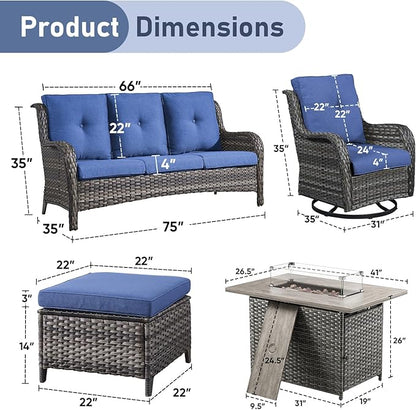 Wicker Outdoor Conversation Se with 50,000 BTU Gas Propane Fire Pit Tablet-6 Pieces Outdoor Wicker High Back Couch Patio Furniture for Deck Poolside Backyard