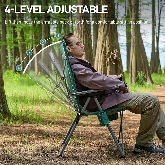 EVER ADVANCED Reclining Camping Chairs for Adult Lightweight, Portable Compact Folding Chair with High Back, 4-Level Recliner Chairs, Lawn Chair for Patio Balcony, Supports 350lbs, Stretch Mesh Green