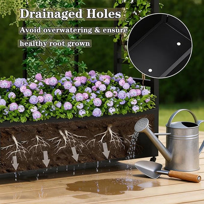 74" Mobile Planter with Trellis,Weatherproof Vertical Raise Garden Bed with Trellis & Hanging Roof for Climbing Plants,Flowers,Vegetables,Rust-Proof Metal Privacy Planter for Patio (Black-B)
