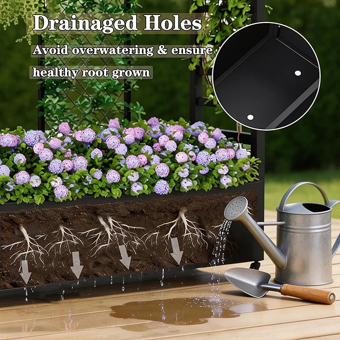74" Mobile Planter with Trellis,Weatherproof Vertical Raise Garden Bed with Trellis & Hanging Roof for Climbing Plants,Flowers,Vegetables,Rust-Proof Metal Privacy Planter for Patio (Black-A)