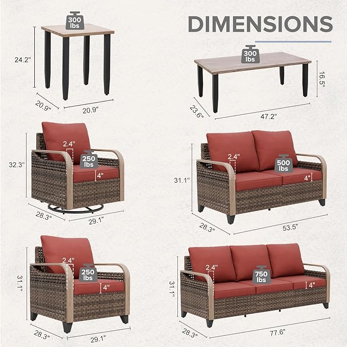 COOS BAY Modern Wicker Outdoor Furniture Set, Patio Conversation Set with Swivel Rockers, Patio Chairs, 3 Seat Couch, Loveseat, Coffee Table and Side Table, 8 Piece, Brown/Red