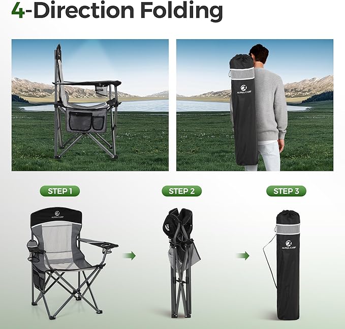 ALPHA CAMP Heavy Duty Camping Chair 500LBS Capacity, Oversized Folding Chair for Heavy People, Padded Portable Outdoor Chair with Cooler Bag & Cup Holder for Camping, Fishing, Beach