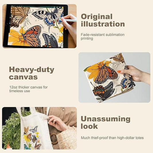 Canvas Tote Bag with Aesthetic Prints, Cute Tote Bag for Women Girls with Wide Strap, Gifts for Cat Book Lovers