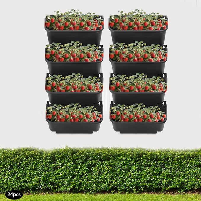 Vertical Wall Planter with 24 Plastic Pots, Wall-Mounted Garden Planter Stackable Wall Hanging Flower Pot Clasp Design with Grooves Drainage Holes for Indoor and Outdoor (Black 24)
