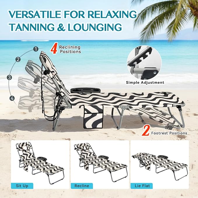 Tanning Chair with Face Hole for Adults, Outdoor Folding Lounge Chair with Side Table for Phone Drinks and Tablet, 4 Position Adjustable Backrest, Lay Flat Chaise Lounger for Beach Patio Pool