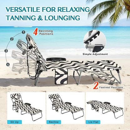 Tanning Chair with Face Hole for Adults, Outdoor Folding Lounge Chair with Side Table for Phone Drinks and Tablet, 4 Position Adjustable Backrest, Lay Flat Chaise Lounger for Beach Patio Pool