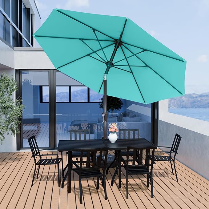 PatioKingdom 10FT Patio Umbrella with Push Button Tilt and Crank, Outdoor Market Umbrella with 8 Fiberglass Ribs, UV Protection Table Umbrella for Pool,Backyard,Garden,Deck(Peacock Blue, 10FT)