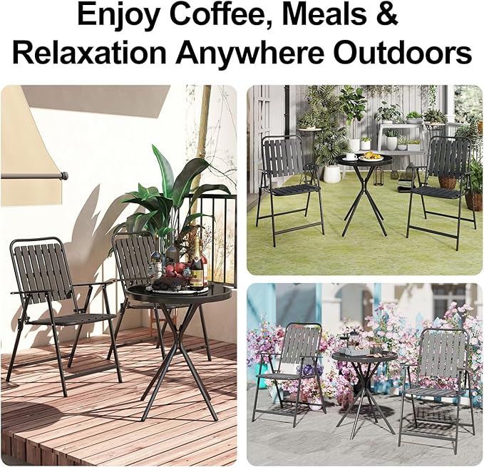 3 Piece Outdoor Bistro Set, Patio Table and Chairs Set of 2, Small Balcony Furniture with Glass Top Table, Folding Bistro Patio Set for Garden, Deck, Porch, Black Outdoor Furniture