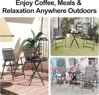 3 Piece Outdoor Bistro Set, Patio Table and Chairs Set of 2, Small Balcony Furniture with Glass Top Table, Folding Bistro Patio Set for Garden, Deck, Porch, Black Outdoor Furniture