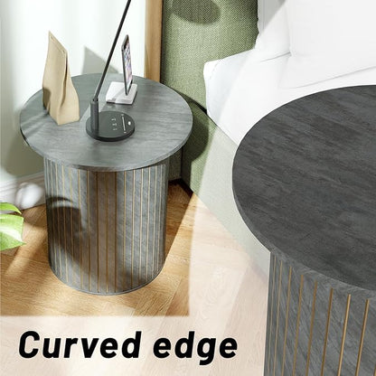 Round Fluted End Table - Small Accent Pedestal Side Table, Circle Fluted Wood Nightstands Bedside Table for Living Room, Bedroom, Handcrafted Finish, Grey