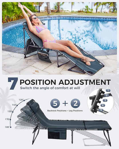 KingCamp 2 Pack Tanning Chair with Face Hole, Lounge Chairs Outdoor Folding Portable Comfy Adjustable 5-Position Chaise Chaser with Canopy Shade for Outside Beach Patio, Blue/Grey