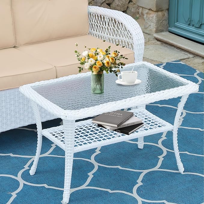 MEETWARM Wicker Patio Coffee Table, 34.5" Rectangle Outdoor Coffee Table with Tempered Glass Top and 2-Tier Storage Shelf, All-Weather Rattan Patio Side Table for Outside Poolside Deck Garden, White
