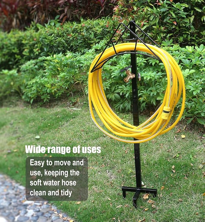Artigarden Outdoor Hose Holder Stand with Brass Spigot Faucet - Freestanding Metal Water Pipe Extension Hanger Stake Heavy Duty Storage Organizer for Garden Lawn, Backyard