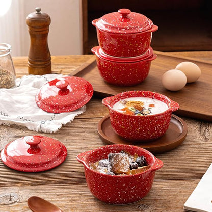 4-Pack 10 Oz Ceramic Mini Cocotte Set with Lids & Handles, Oven-Safe Stoneware Ramekins for Soufflé, Soup, Cobbler, Individual Baking & Serving,Red