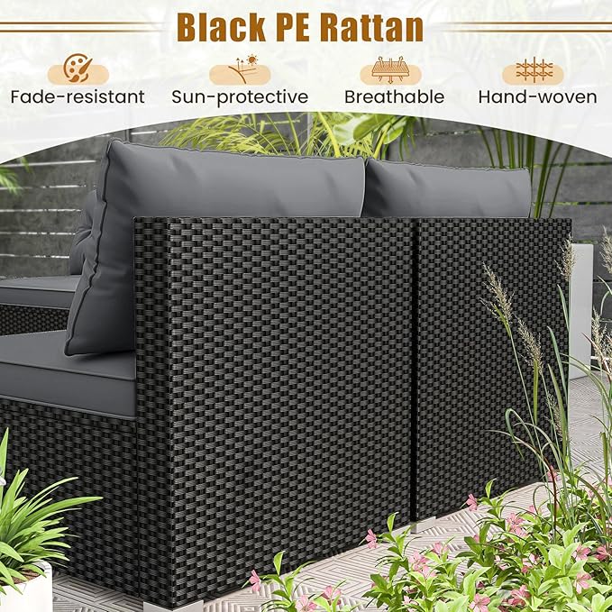 RELAX4LIFE 5-Piece Wicker Outdoor Furniture - PE Rattan Sectional Conversation Set w/4 Armless Sofas & Acacia Wood Coffee Table, Cushioned Patio Sofa Set for Garden Poolside Backyard Porch (Grey)