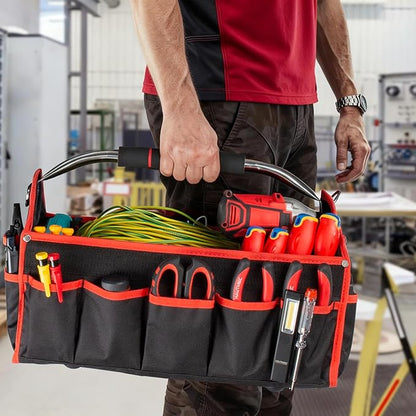 HAUTMEC 16" Foldable Tool Tote Bag, Open Top Tool Bag with Stiff Frame, 16-Pockets Electrician Tool Bag with Padded Steel Handle, Shoulder Strap & Water-Resistant Hard Base – TB0002