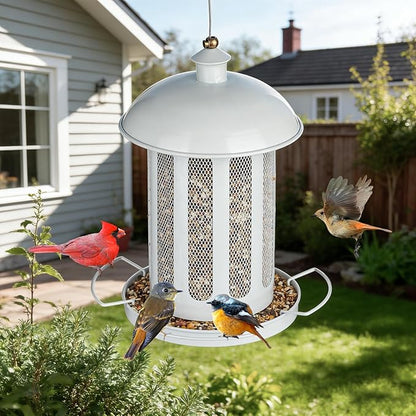 Bird Feeder, Large Capacity Bird Feeders for Outdoor Hanging, Heavy Duty Metal Wild Birdfeeder for Outside Garden Yard Decor, Retro Lantern Shape (White)