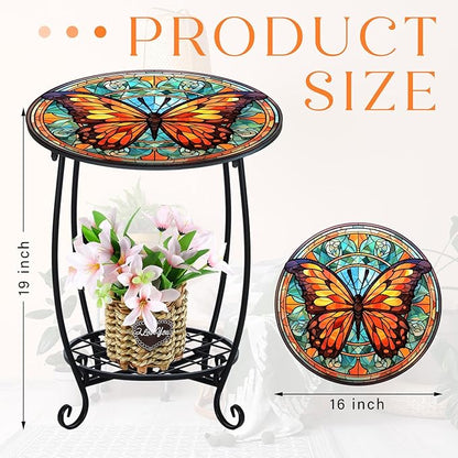 Cinnvoice Outdoor Side Table Round Small Mosaic Patio Accent Indoor End Plant Coffee Tea Table for Yard Patio Porch Garden Living Room, Bedroom(Butterfly B Style,16 Inch)