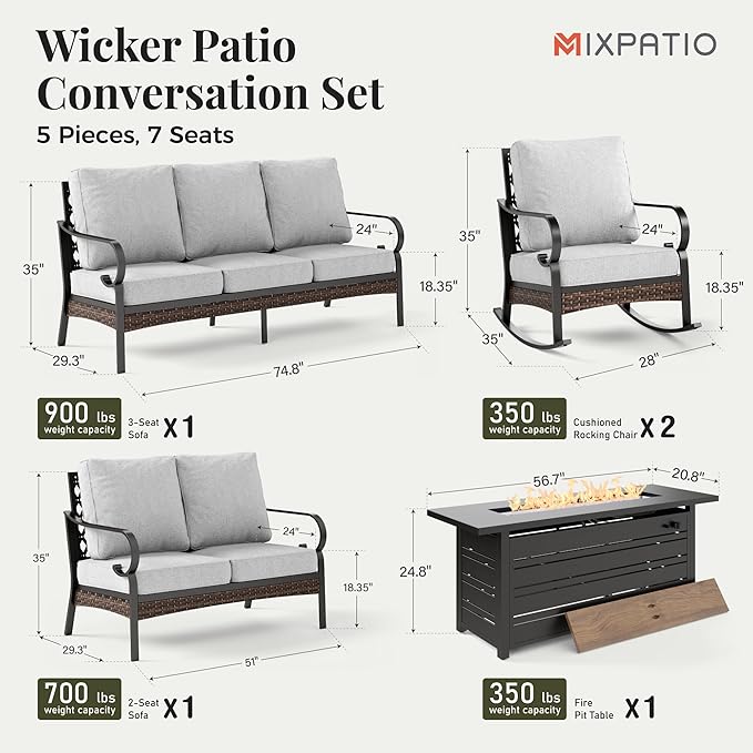 Patio Furniture Set with Firepit Table, Black Frame Outdoor Conversation Set with 2 x Rocking Chairs, 1 x 2-Seat Sofa, 1 x 3-Seat Sofa for Lawn Garden Backyard, Light Grey