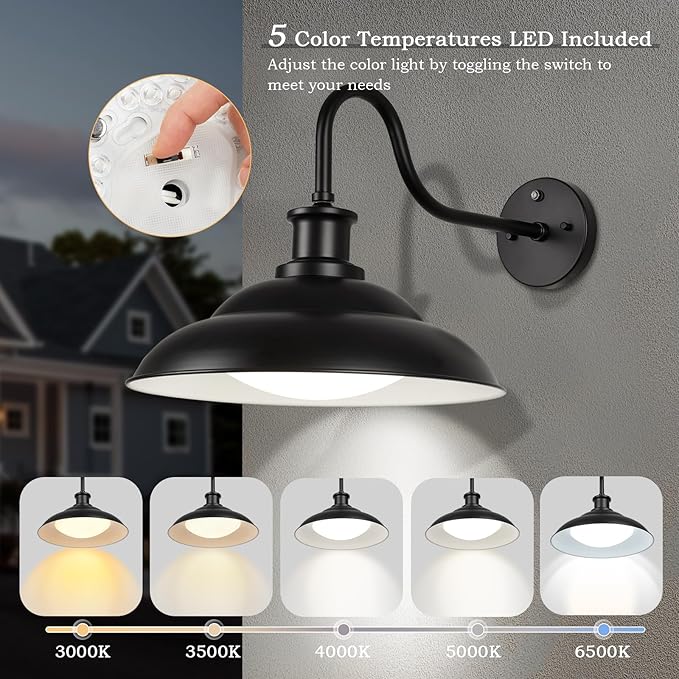 Dusk to Dawn Outdoor LED Barn Light, 16 Inch Large Farmhouse Exterior Wall Light Fixture with Adjustable Color Temperature, Modern Black White Porch Light Outside for House Garage Doorway