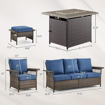 Patio Furniture Set with Fire Pit Table, 6PCS Patio Conversation Set Brown Resin Wicker Patio Chair Sofa Ottoman with 41in Rectangular Outdoor Fire Table PE Rattan Furniture Set