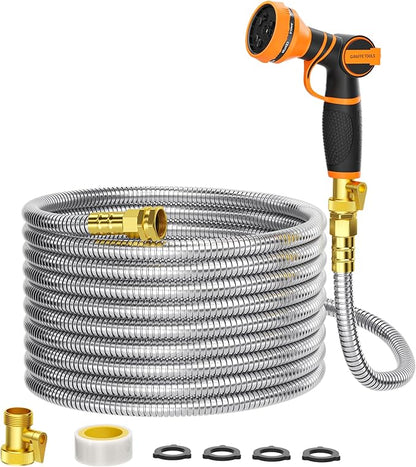 Giraffe Tools Garden Hose 75ft x 5/8", 304 Stainless Steel Metal Water Hose, No Kink Garden Water Hose with 9 Pattern Spray Nozzle, Flexible, Lightweight, Kink Free Hose for Yard, Outdoor