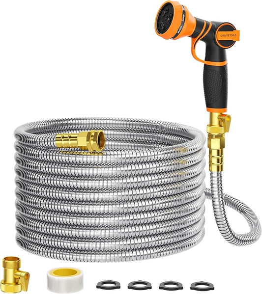 Giraffe Tools Garden Hose 75ft x 5/8", 304 Stainless Steel Metal Water Hose, No Kink Garden Water Hose with 9 Pattern Spray Nozzle, Flexible, Lightweight, Kink Free Hose for Yard, Outdoor