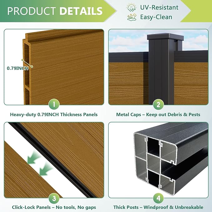 Mondaria Fence Privacy Screen with 8ft In-ground Posts, 6ft(H) x18ft(W) Wood Plastic Composite Fence Panels Weather-Resistant Outdoor Fence for Backyard/Garden (Yellow Teak, 4 Posts)