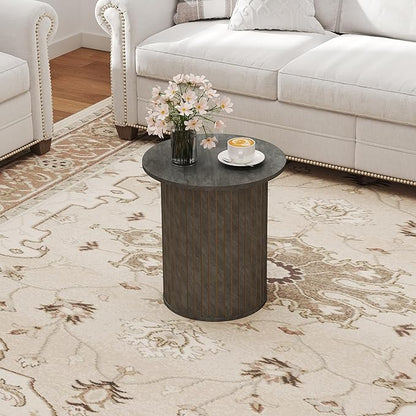 Round Fluted End Table - Small Accent Pedestal Side Table, Circle Fluted Wood Nightstands Bedside Table for Living Room, Bedroom, Handcrafted Finish, Grey
