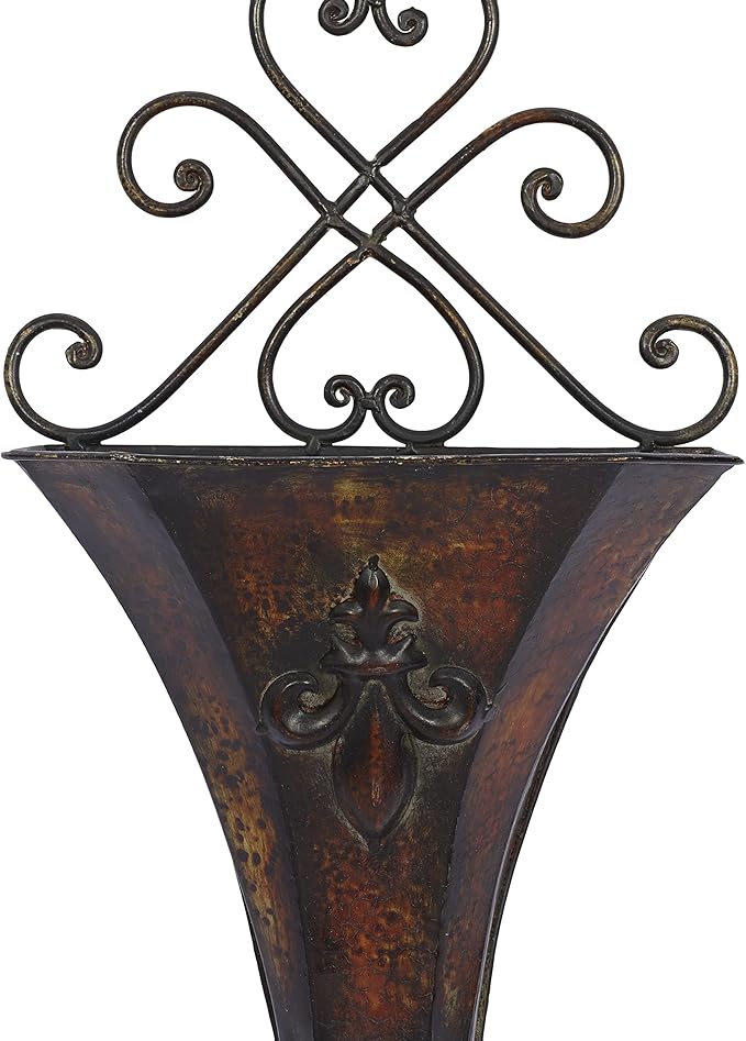 Deco 79 Metal Scroll Indoor Outdoor Wall Planter Indoor Outdoor Weathered Hanging Hanging Planter with Fleur-De-Lis Accent, Set of 2 Plant Hanger 22", 18"H, Brown