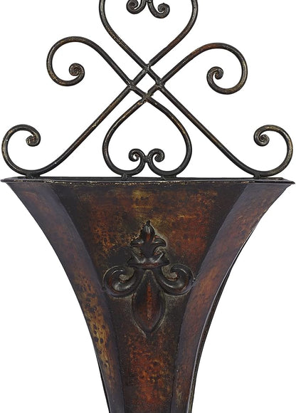 Deco 79 Metal Scroll Indoor Outdoor Wall Planter Indoor Outdoor Weathered Hanging Hanging Planter with Fleur-De-Lis Accent, Set of 2 Plant Hanger 22", 18"H, Brown