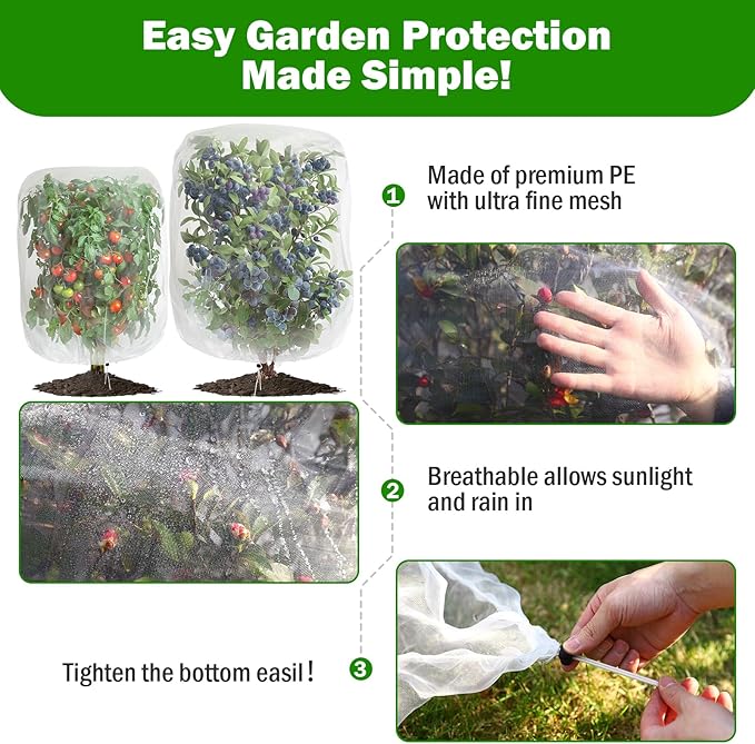 2 PCS Large Fruits Tree Netting Cover for Garden, 6.6 x 8.2 ft Insect Bird Barrier Deer Netting Cover Bag with Drawstring Garden Plant Netting for Tomato Blueberry Bush Netting Covers