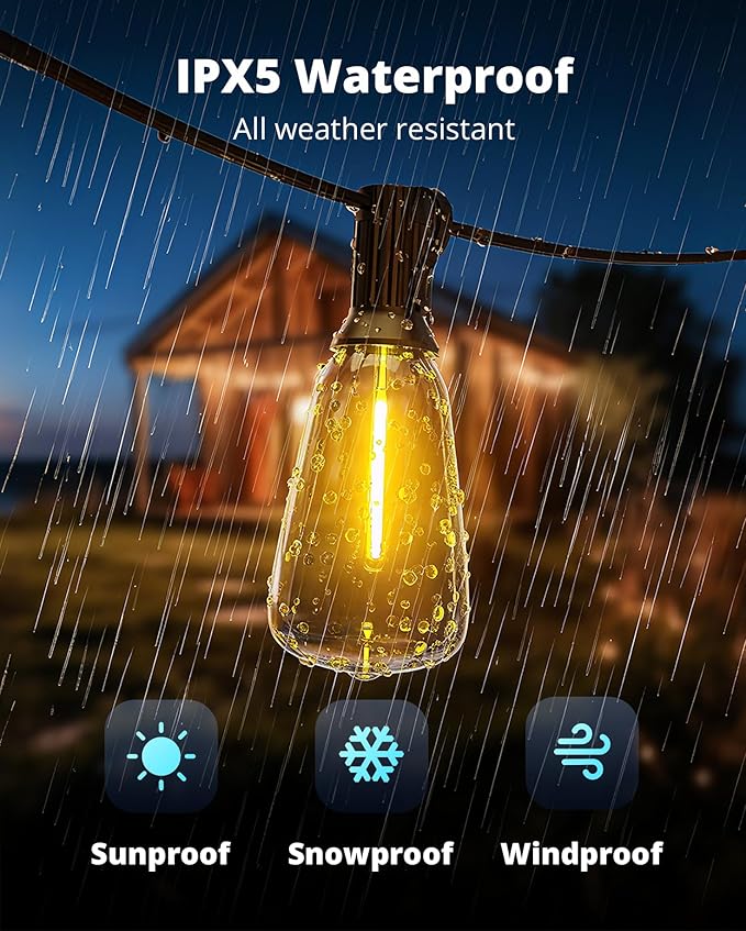 VIPAR Outdoor String Lights 25FT LED Patio Lights IPX5 Waterproof with 10+1 ST38 Shatterproof Edison Bulbs, 2700K Connectable Outside Hanging Light for Porch, Garden, Backyard, Deck, Balcony, E12 Base