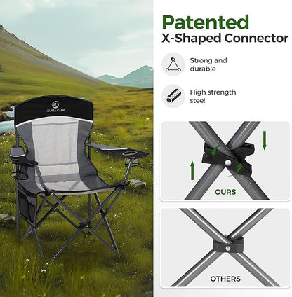 ALPHA CAMP Heavy Duty Camping Chair 500LBS Capacity, Oversized Folding Chair for Heavy People, Padded Portable Outdoor Chair with Cooler Bag & Cup Holder for Camping, Fishing, Beach