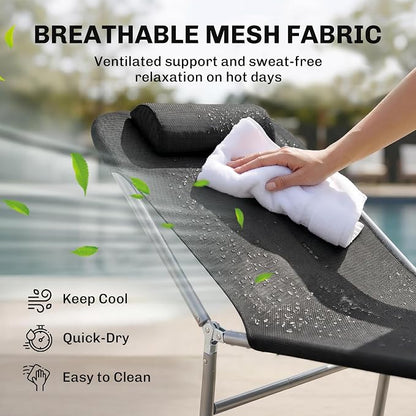 Outsunny Folding Chaise Lounge Pool Chairs, Outdoor Sun Tanning Chairs with Pillow, Reclining Back, Steel Frame & Breathable Mesh for Beach, Yard, Patio, Black
