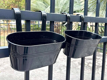 12" Balcony Railing Planters, Outdoor Hanging Planter for Fence, Stylish Metal Porch Deck Flower Pot for Herbs & Succulents (Black, Pack of 8)